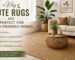Modern living room featuring a natural handmade jute rug with eco-friendly home decor, sustainable furniture, and indoor plants.