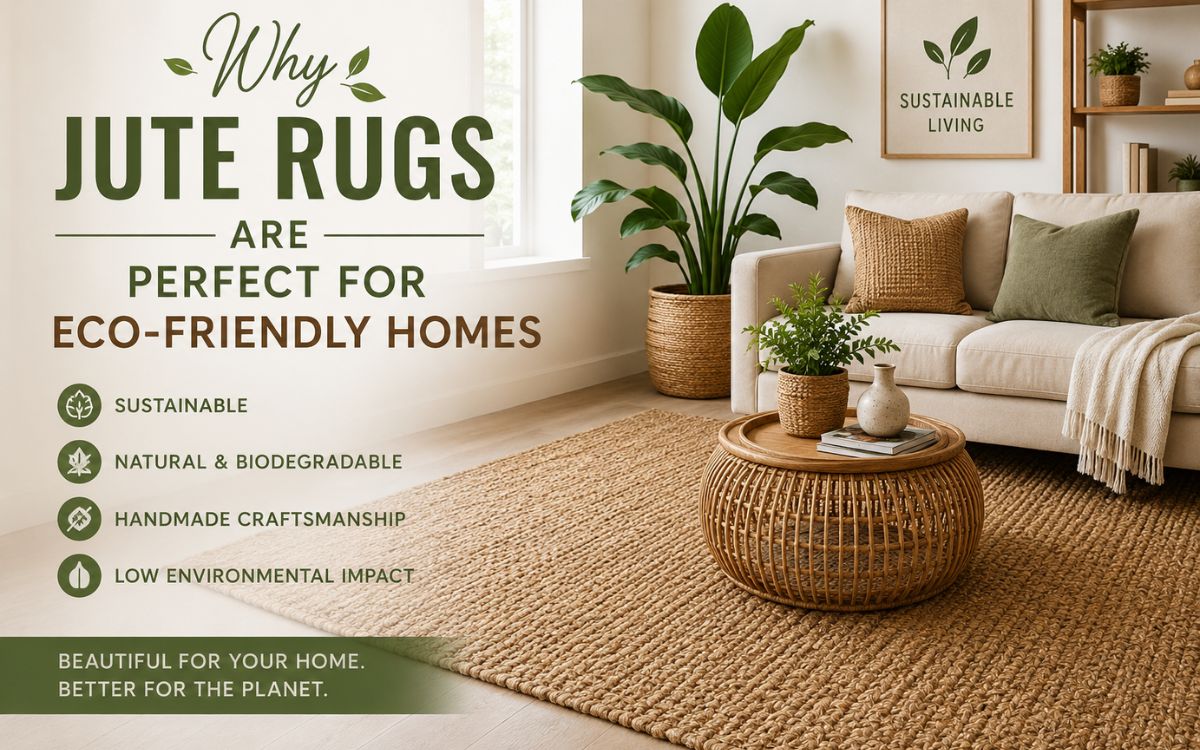 Modern living room featuring a natural handmade jute rug with eco-friendly home decor, sustainable furniture, and indoor plants.