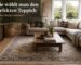 Modernes Wohnzimmer mit elegantem Teppich, Sofa und Holztisch – Tipps zur Auswahl des perfekten Wohnzimmerteppichs
