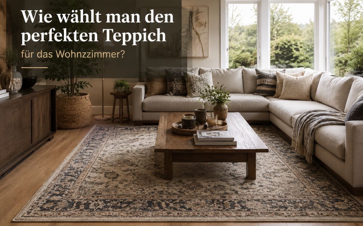 Modernes Wohnzimmer mit elegantem Teppich, Sofa und Holztisch – Tipps zur Auswahl des perfekten Wohnzimmerteppichs