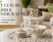 Luxury marble handicrafts displayed in an elegant living room featuring handcrafted marble vase, decorative bowl, elephant figurine, and marble inlay table.