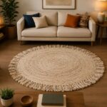 Handmade Natural Round Jute Rug with Fringe
