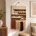 Handwoven boho macrame wall hanging with tassels in natural cotton and earthy brown tones for modern living room wall decor.
