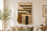 Handwoven boho macrame wall hanging with tassels in natural cotton and earthy brown tones for modern living room wall decor.