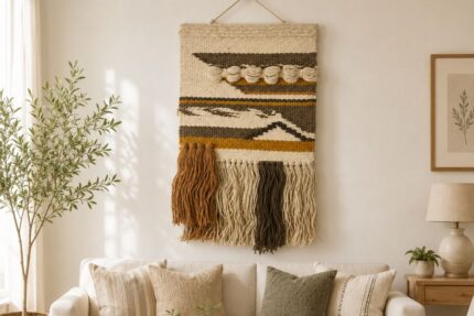 Handwoven boho macrame wall hanging with tassels in natural cotton and earthy brown tones for modern living room wall decor.