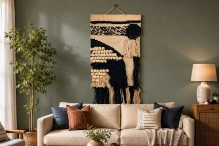 Black and cream abstract macrame wall hanging with moon motif and fringe