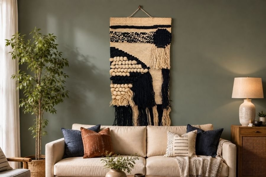 Black and cream abstract macrame wall hanging with moon motif and fringe