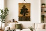 Handwoven pine tree wall hanging with dusty pink sky and fringe