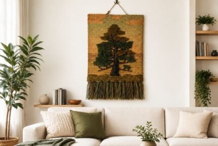 Handwoven pine tree wall hanging with dusty pink sky and fringe