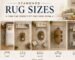 Standard rug sizes guide showing 2x3, 4x6, 5x7, 8x10, 9x12, and 10x14 rug placement examples for different rooms.