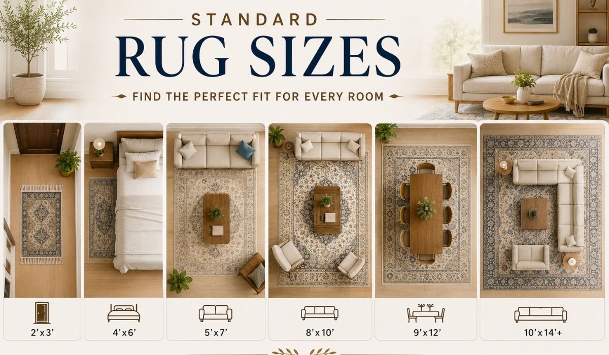 Standard rug sizes guide showing 2x3, 4x6, 5x7, 8x10, 9x12, and 10x14 rug placement examples for different rooms.