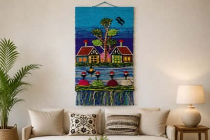 Colorful handwoven village wall hanging with red rooftop cottages and figures