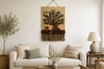 Handwoven olive tree wall hanging with terracotta pot on natural jute