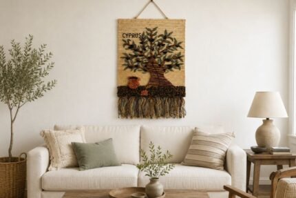 Handwoven olive tree wall hanging with terracotta pot on natural jute